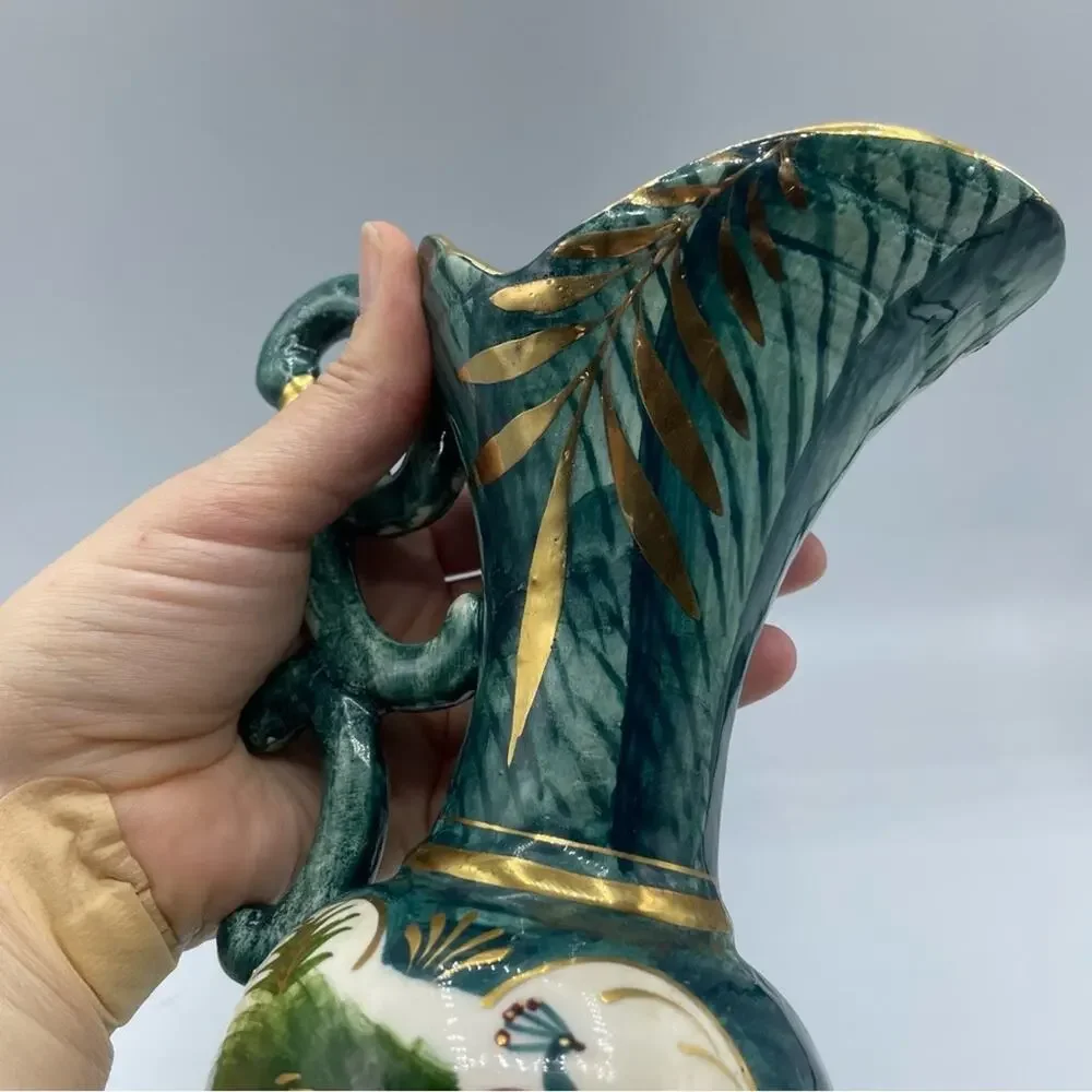 Vintage Hand Painted Peacock Ornate Vase Decor Green Teal Gold Porcelain